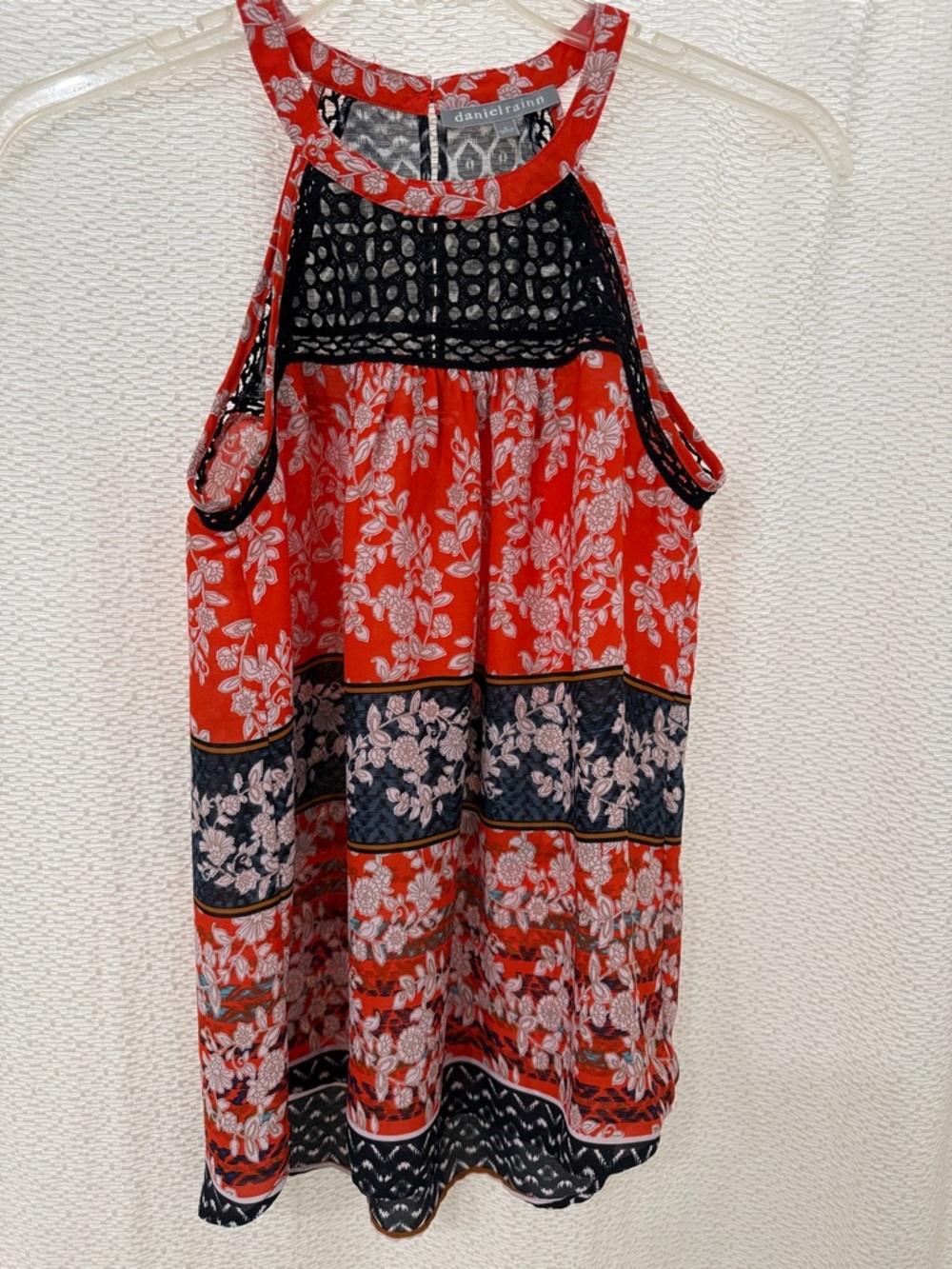 Daniel Rainn Red Floral Halter Tank with Black Crochet Yoke